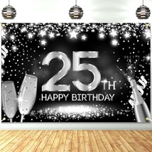 Happy 25Th Birthday Banner Backdrop Silver And Black Champagne 25 Years ... - £18.82 GBP