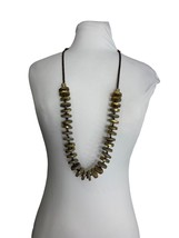 Chicos Wood Disc Chunky Necklace Statement Fleck Gold Tone Paint Brown Gray Bead - £19.46 GBP