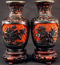 Antique Pair of Cinnabar Lacquer Vases Black of Red Nice Wooden Stands - £176.47 GBP