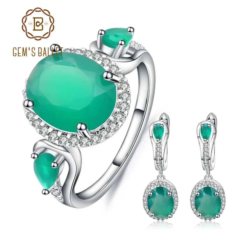925 Sterling Silver Vintage Earrings Ring Set Natural Oval Green Agate Jewelry S - £75.82 GBP