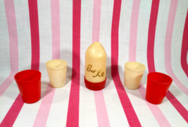 Mid Century Travel &quot;Bar Kit&quot; Rocket Bullet Jigger w/ 4 Red &amp; White Shot Glasses - £30.07 GBP