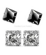 2 PAIRS CZ CLEAR+BLACK SQUARE MAGNETIC Clip-On STUD EARRINGS Men Women - £7.69 GBP+