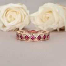 1.50Ct Princess Cut Ruby &amp; Diamond Vintage Wedding Band Ring 14k Rose Gold Over - £67.13 GBP