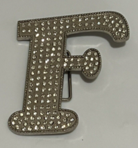 Vintage Metal Belt Buckle Silver Toned Rhinestone Covered Letter Initial F - £10.96 GBP