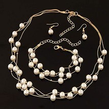 Faux Pearl Choker Gold Silver Layered Necklace Earring Bracelet Jewelry Set for  - £16.68 GBP
