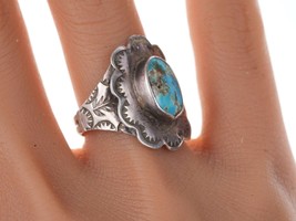 Vintage Native American Sterling Turquoise hand stamped size 7 ring - £131.37 GBP