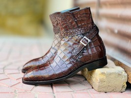 Brown ALLIGATOR Boots, Men&#39;s JHODHPURS Buckle Boots Dress Boots, - $219.03 CAD+