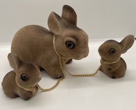 Flocked Vintage Rabbits set of 3 bunny glass eyes w chain Norleans Japan Brown - £11.02 GBP