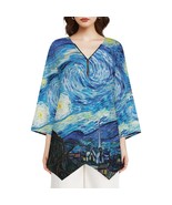 Women&#39;s Starry Night Van Gogh V-Neck Zip Top Irregular Hem (Size S-5XL) - $33.95 CAD