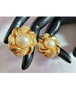 Signed Vintage DS Co Swarovski Gold Tone Clear Crystal Faux Pearl Clip E... - $99.99