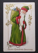Merry Christmas Santa in Red-Trimmed Green Suit Tucks Embossed Postcard c1910s - £31.46 GBP