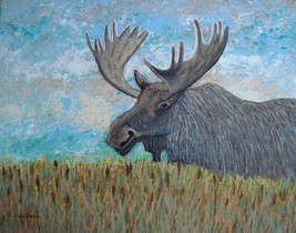 Painting Moose Cattails Original Signed Art Wild Animal Impressionism By Carla D - £37.06 GBP