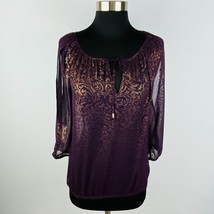 Cache Womens XS Polyester Purple Gold Metallic Bohemian Print Keyhole Top - £16.22 GBP