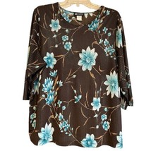 Maggie Barnes Dark Floral 3/4 Sleeve Top 1X Brown Blue Gold Pullover - $18.81