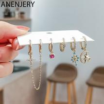 ANENJERY 6 pieces/set Silver Color Star Hoop Earrings for Women Colored Zircon D - £14.53 GBP