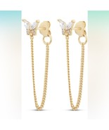 BUTTERFLY DANGLE EARRINGS 14K GOLD PLATED CHAIN AND CUBIC ZIRCONIA NIB - £7.69 GBP