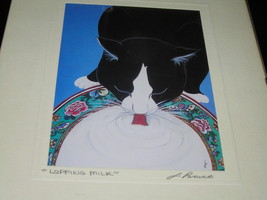 Estate Signed Matted &amp; Mounted Under Glass LAPPING MILK Black &amp; White Cat Print - £55.16 GBP
