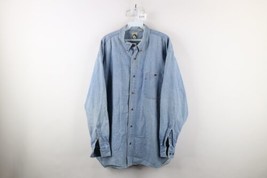 Vintage 90s Streetwear Mens XL Distressed Collared Denim Jean Button Shirt Blue - £31.10 GBP