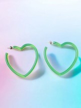 Vintage 80s Neon Green Heart Shaped Plastic Earrings Retro Statement Jew... - $25.77