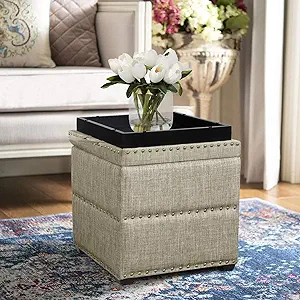 Tufted Storage Ottoman Square Footrest Stool Coffee Table With Tray Lid ... - $203.99
