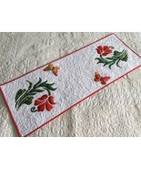 Mothers Day quilted table runner, Red flowers bed topper, Butterfly tabl... - $127.81 CAD