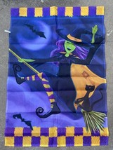 Happy Witch on Broom Black Cat Bats Halloween Embroidered Yard Flag Premier Kite - £11.58 GBP