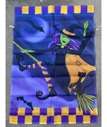 Happy Witch on Broom Black Cat Bats Halloween Embroidered Yard Flag Prem... - £11.57 GBP