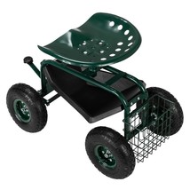 Rolling Garden Seat Cart With Wheel 360 Swivel Metal Gardening Stool With Basket - £104.57 GBP