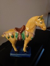 Old Chinese Tang Style 3 Color Porcelain Pottery Horse Statue 6.5&quot;  1981... - £71.68 GBP