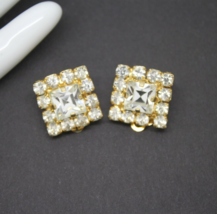 Stylish Vintage 1980s Crystal Rhinestone Square Gold Clip On EARRINGS Je... - £14.31 GBP