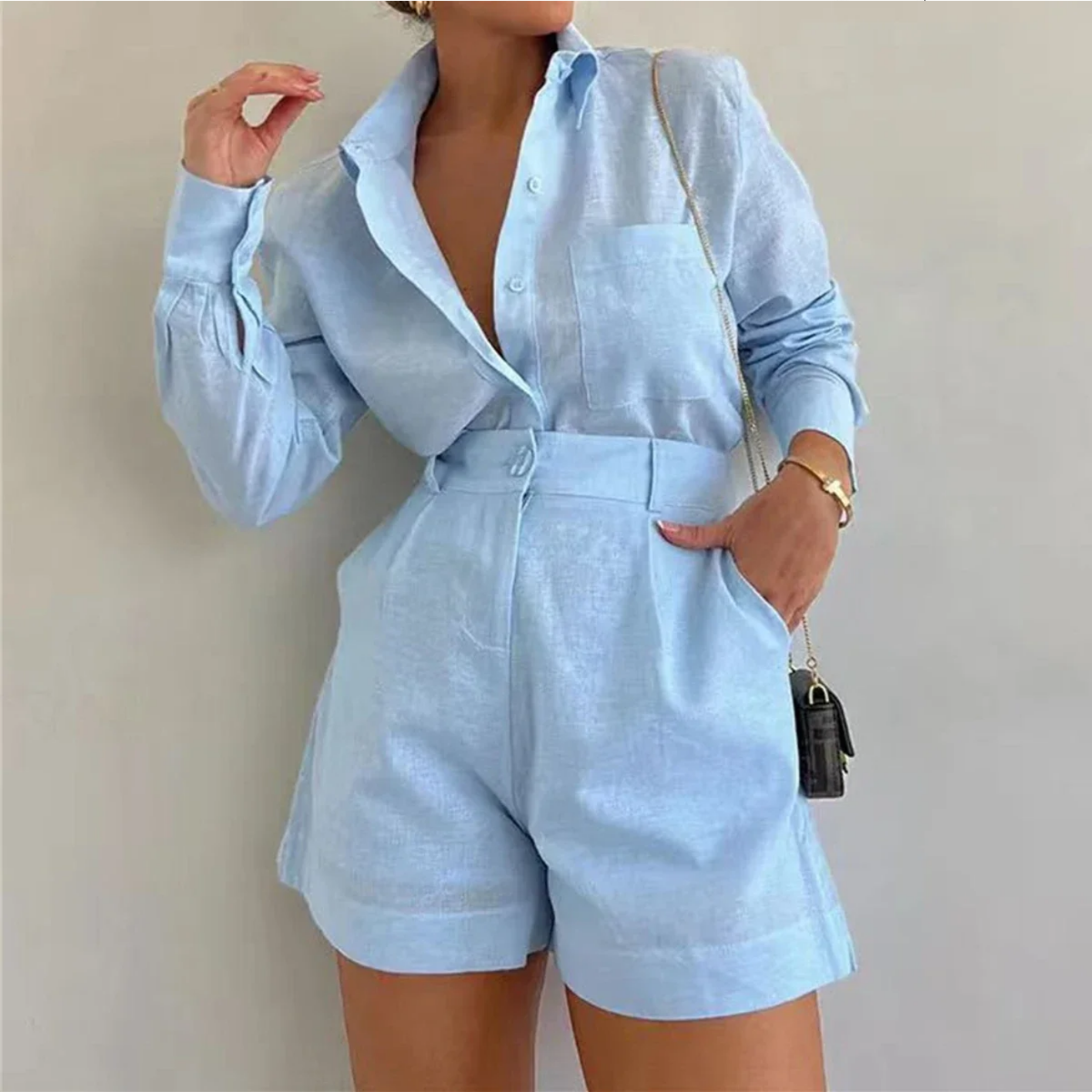 Shirts Long Sleeve Cotton Linen Loose Blouse High Waist Shorts Suit