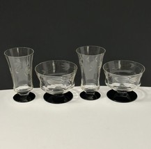 Vintage Clear Etched Wheat/floral 2- Sherbet 2- Juice Black Amethyst Base - $14.84