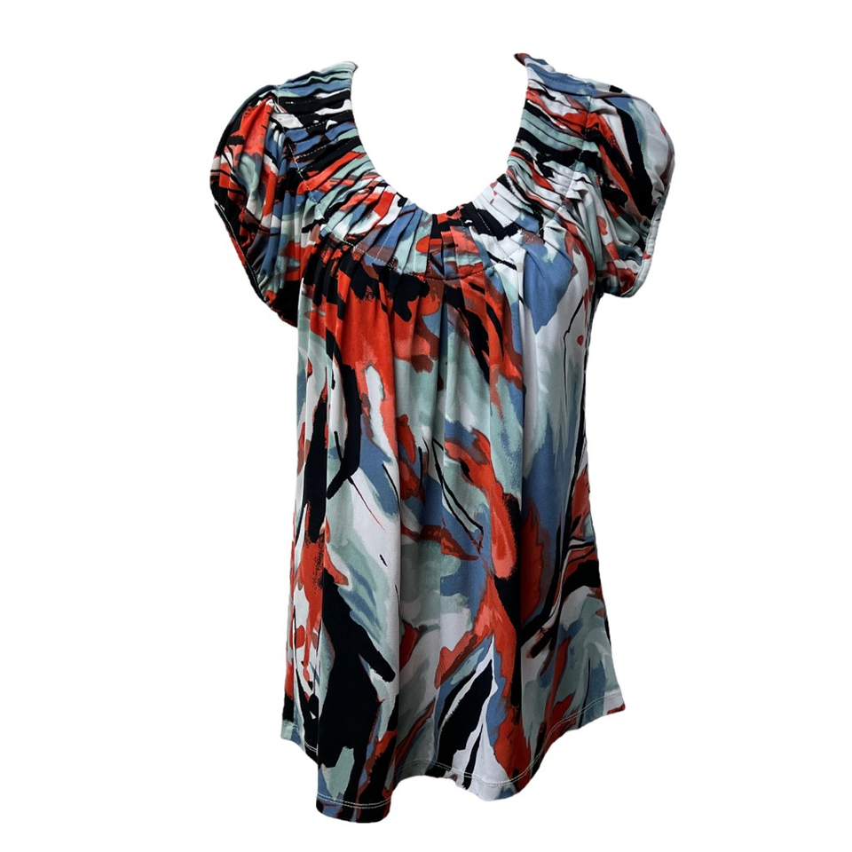 Style &amp; Co Blouse Top Multicolor Stretch Pleated Lightweight Short Sleev... - $18.99