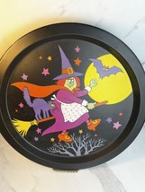 Vintage Metal Tray Halloween Witch w/Black Cat on Broom by JSNY Hong Kong 13&quot; - £4.99 GBP