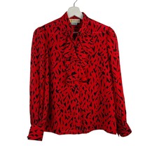 Vtg Size 7/8 Blouse Red Black Geo Print Ruffle Collar High Neck Top Long Sleeve - $17.74