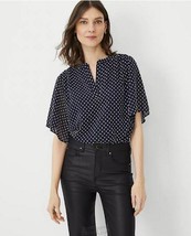 Ann Taylor Clip Shirred Split Neck Popover Extra Small XS Blouse Navy Blue Dots - $37.99