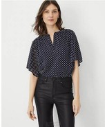 Ann Taylor Clip Shirred Split Neck Popover Extra Small XS Blouse Navy Bl... - $37.99