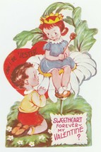 Vintage Valentine Card Girl In Crown Sits In Flower Jester Boy 1950&#39;s Die Cut - £6.98 GBP