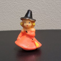 Vintage Gurley Halloween 3&quot; Girl Witch Orange Dress Broomstick Candle Unburned - £16.47 GBP