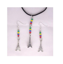 Necklace Earrings Eiffel Tower Charms Red Green Yellow Blue Beads Black ... - £11.78 GBP