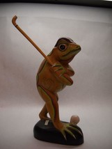Hand Painted Carved Wooden Frog Sculpture Golfer Plaid Black Oval Base Indonesia - £67.05 GBP
