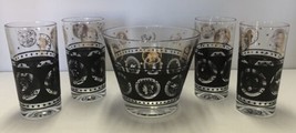 Vintage MCM Black Gold Tone Coins Ice Bucket &amp; 4 High Ball Glasses Bar Set - £39.56 GBP