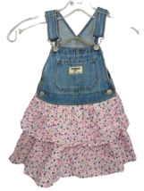 OshKosh B&#39;Gosh 2T denim jean blue pink flower floral tiered overall dress - $14.84