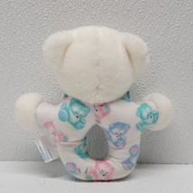 Vintage Carter&#39;s Bear Handheld Ring Rattle Baby Plush Toy 6&quot; White Blue Pink - £14.13 GBP