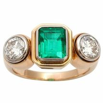 4Ct Simulated Emerald &amp; Diamond 3 Stone Men&#39;s Ring925 Silver Gold Plated  - £90.21 GBP