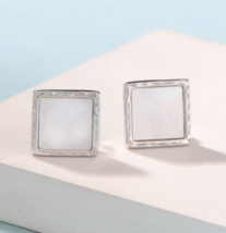 14k White Gold Finish 925 Sterling Silver MOP Shell Stud Earrings Jewelr... - $975.75 MXN