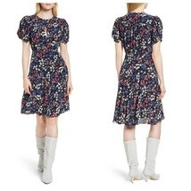 LEWIT Nordstrom 100% Silk Floral A Line Dress Navy Night Flounce Sz 10 $399 NWT - $127.20