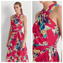 Lauren Ralph Lauren Sz 10 Georgette Floral Dress Pink Faux Wrap Halter M... - $58.40