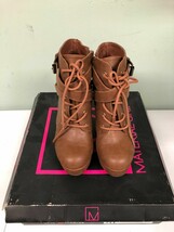 Material Girl Women&#39;s Lace Up Faux Leather Bootie Heel Cognac Brown Size 6M - $16.60