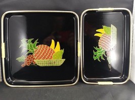 SET OF 2: Vintage Black Lacquer Plastic Tray Fruit Pineapple Grape Banana - £21.65 GBP